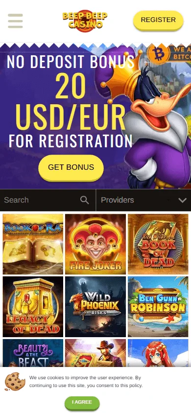 Beep Beep Casino home screen on a mobile device