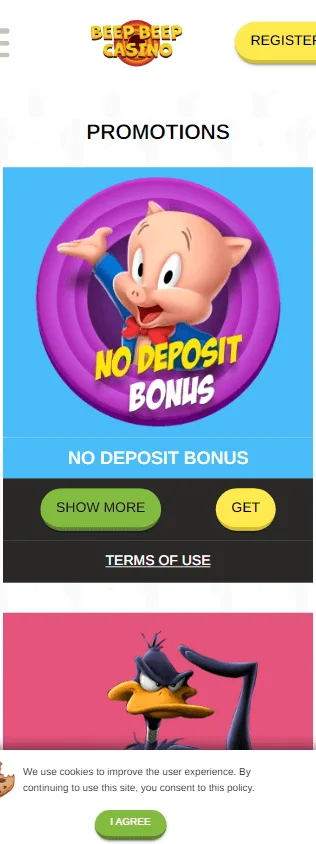 Beep Beep Casino promotions screen on a mobile device