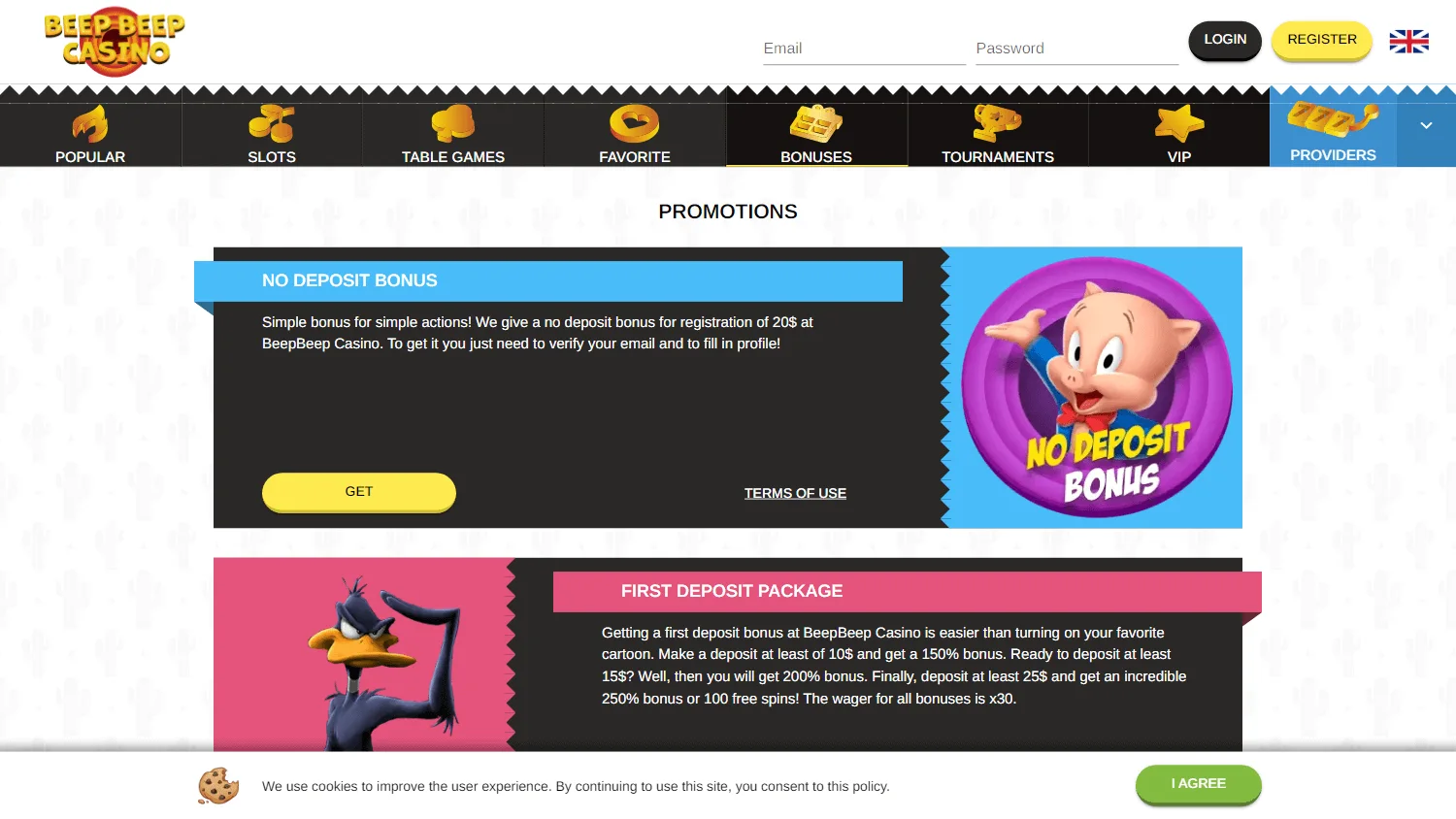 Beep Beep Casino promotions screen on desktop